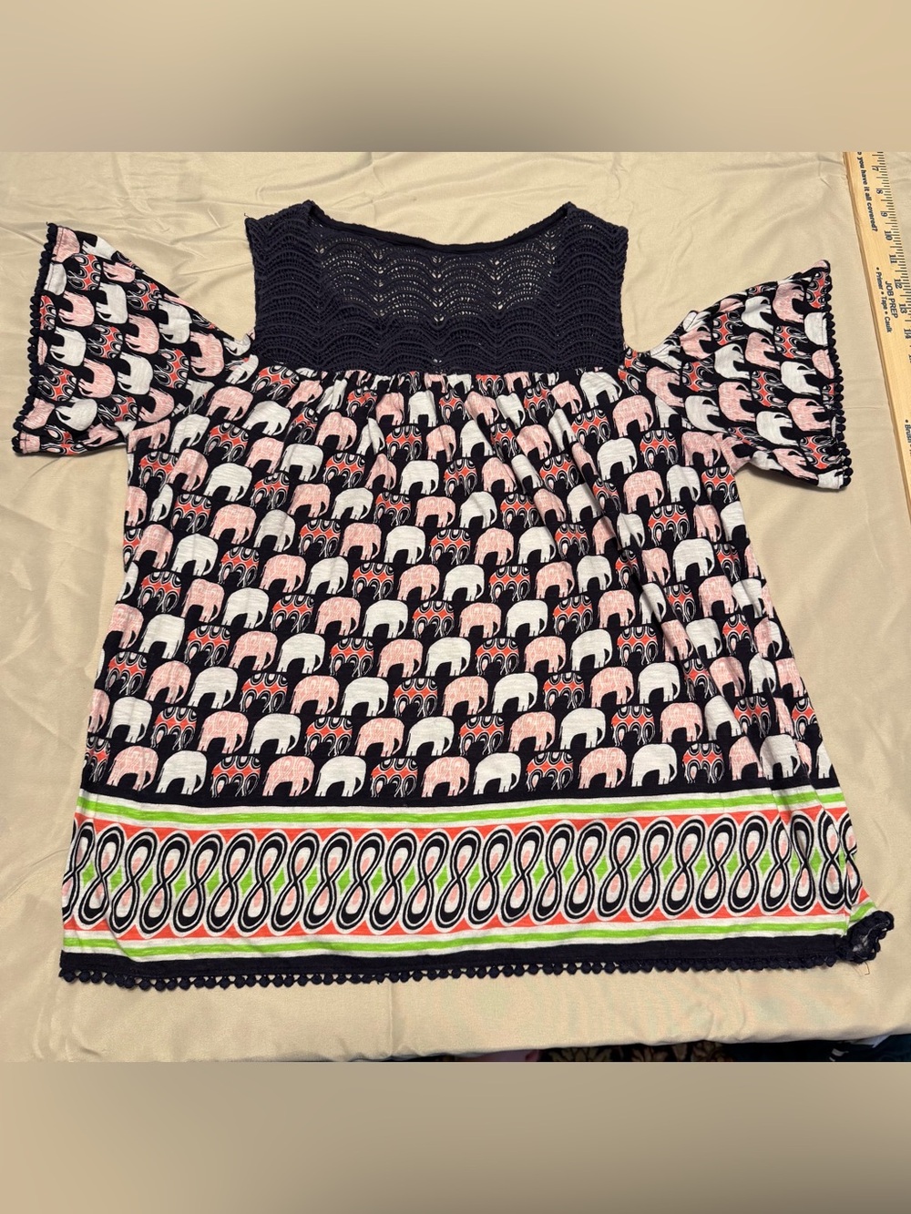 crown & ivy Pink and Gray Floral Crochet Yoke Tee